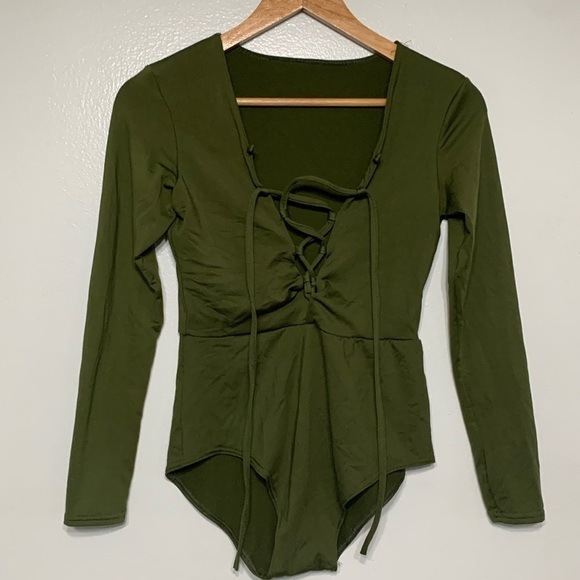 Forest Green Lattice Lace Up Long Sleeve Jersey Knit Body Suit Size M - Picture 1 of 6